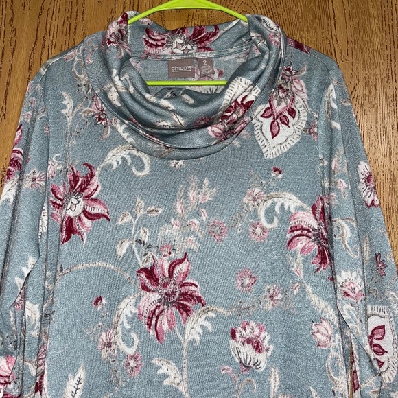 Chico’s Women’s Green Multi Floral Print Cowl Neck Fall/Winter Casual Shirt Sz-L - Picture 2 of 6